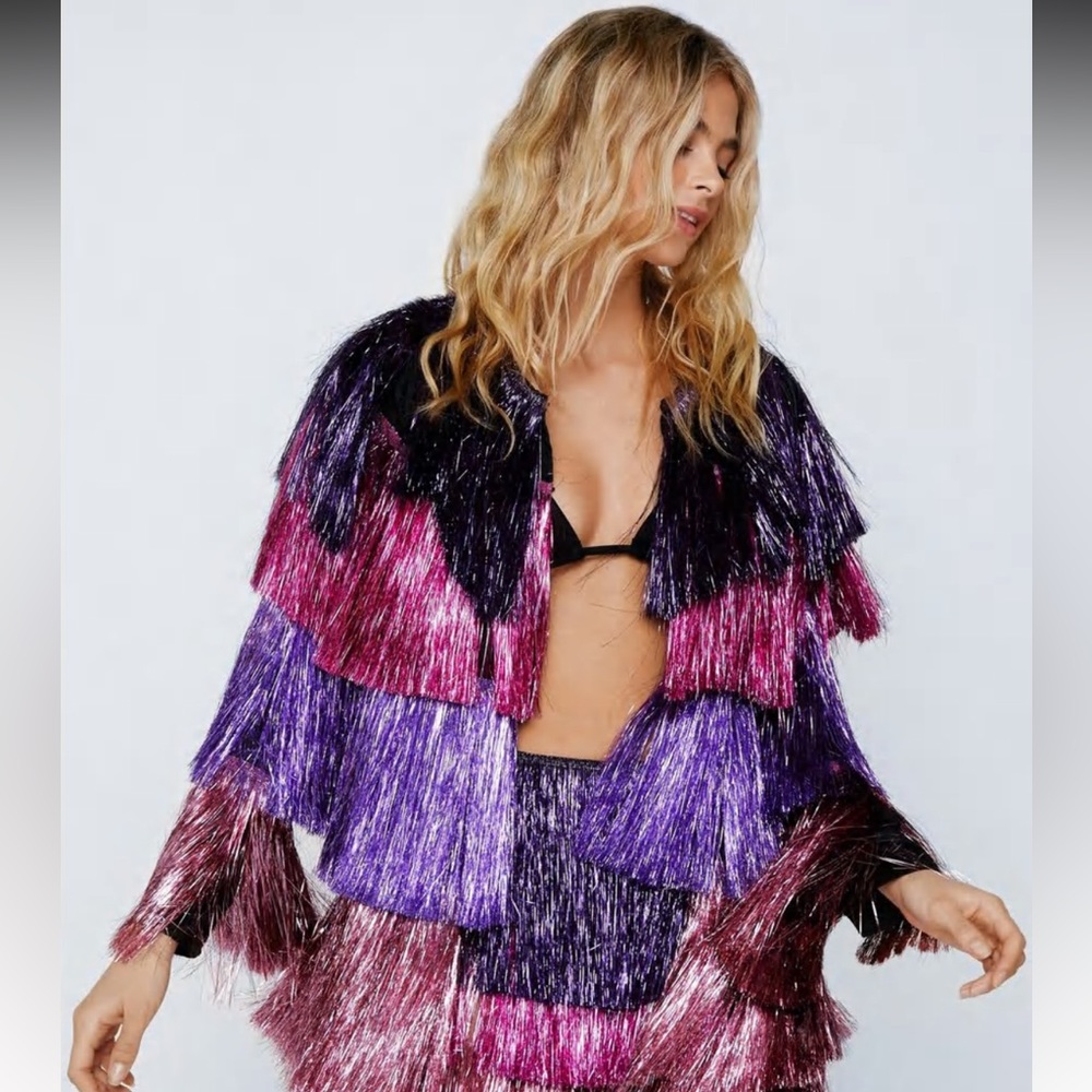 Nasty Gal pink and purple fringe shorts and jacket size 2
